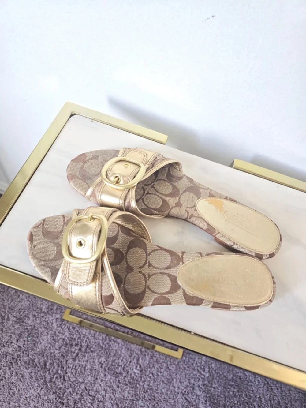 Coach Amazing Gold Leather Flat Slide Sandals Gold Buckle 9.5B - Picture 4 of 6
